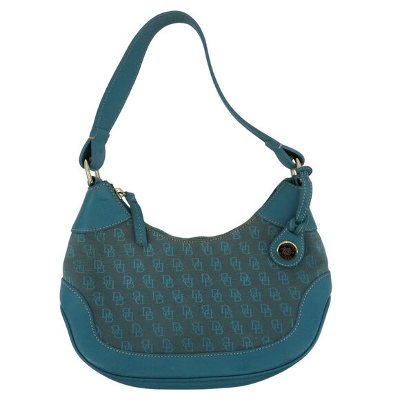Dooney and Bourke Signature DB Logo Jacquard Hobo Shoulder Bag Blue Leather Y2K - Picture 1 of 16